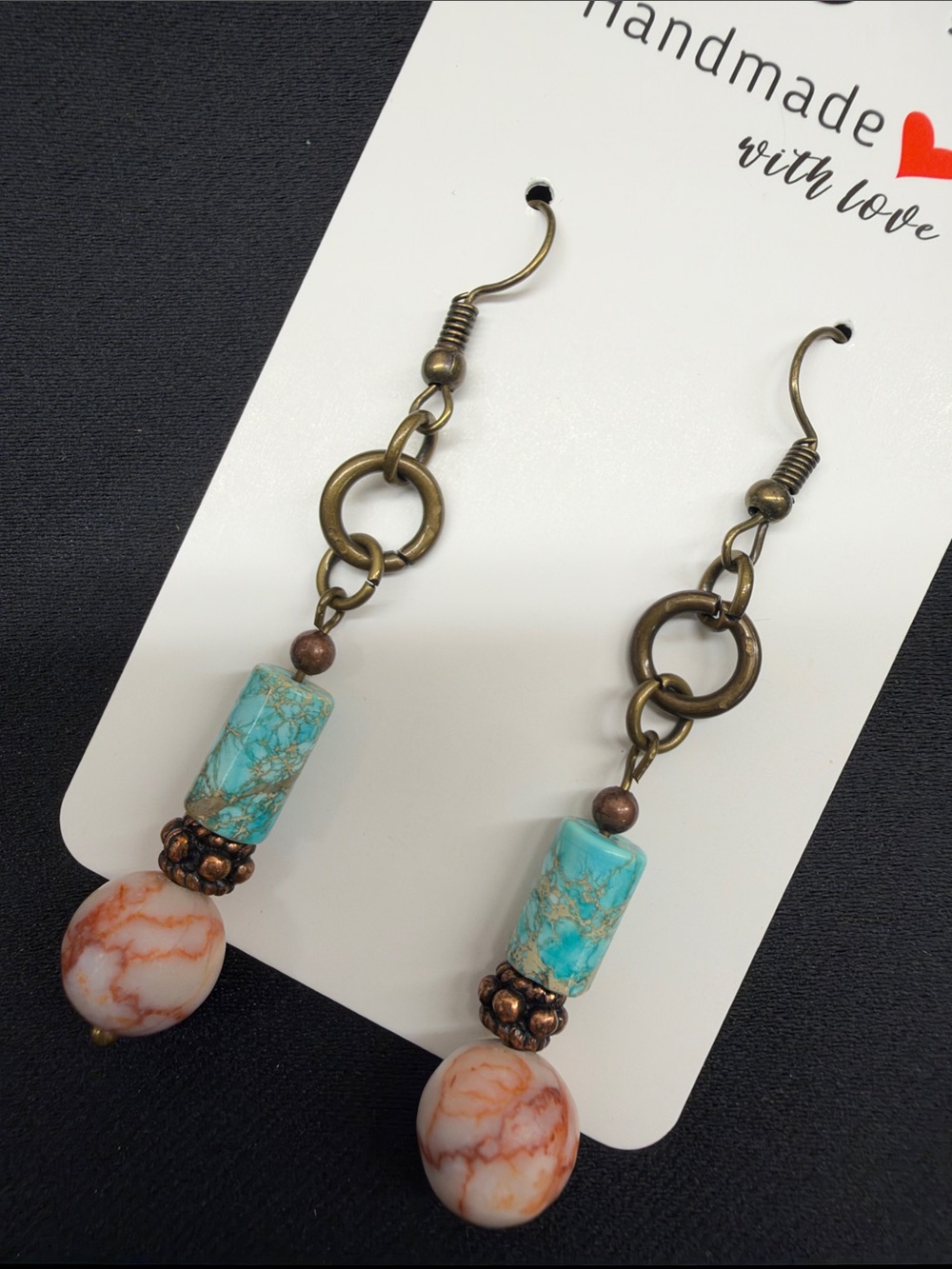 Handmade Turquoise & Cream Beaded Dangle Earrings